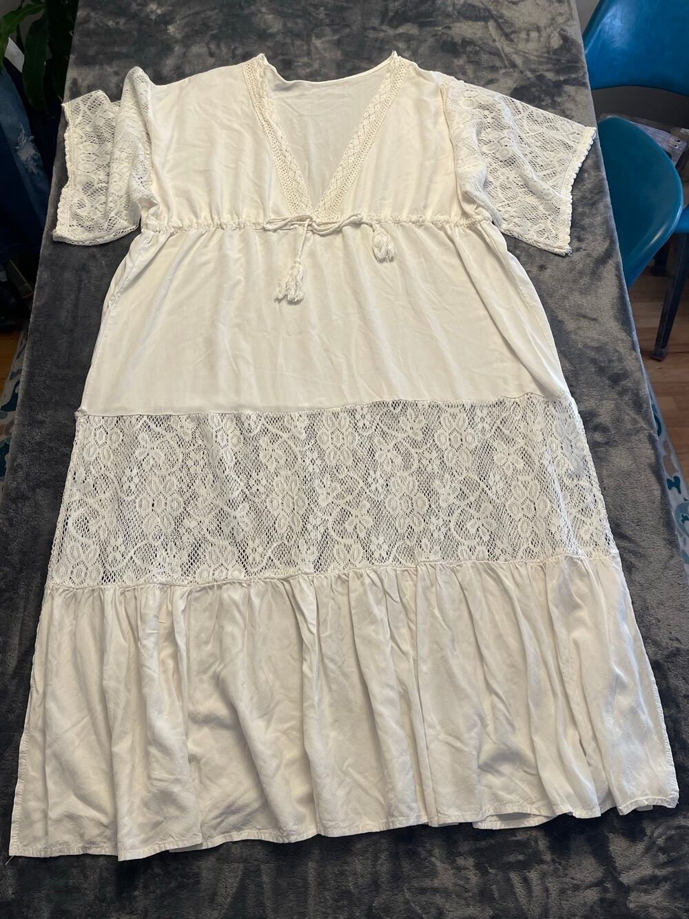White Boho Lace Midi Dress - Romantic Flutter Sleeve Tiered Gown Ethereal M/L